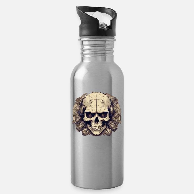 Bionic Skull - Comic Style Logo - Water bottle with straw - silver