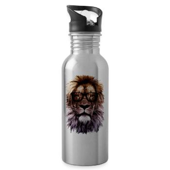 Hipster lion - Water bottle with straw - silver - Right