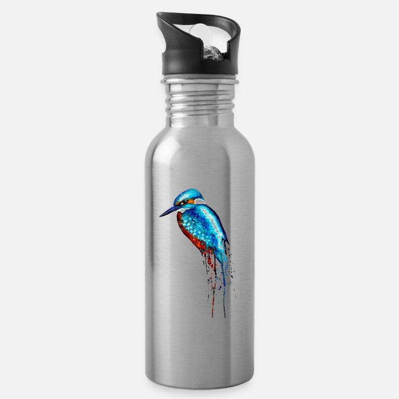 Watercolor Kingfisher - Water bottle with straw - silver