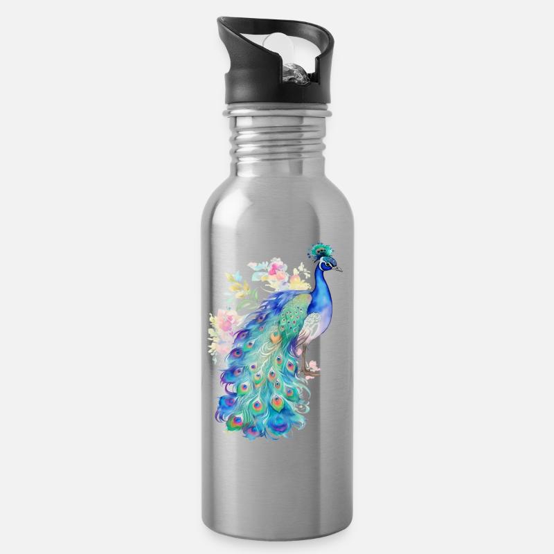 Pfau - Trinkflasche mit integriertem Trinkhalm - Lightsilver