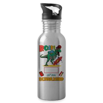 T-Rex Dino Schulkind personalisierbar mit Name - Trinkflasche mit integriertem Trinkhalm - Lightsilver - Rechts