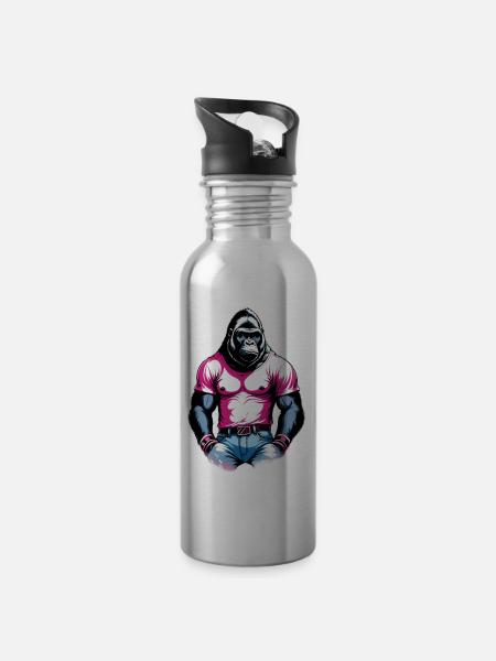 Boxing Gorilla Boxer - Water bottle with straw - silver