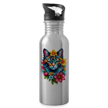 Katze und Blume Aquarell - Trinkflasche mit integriertem Trinkhalm - Lightsilver - Rechts