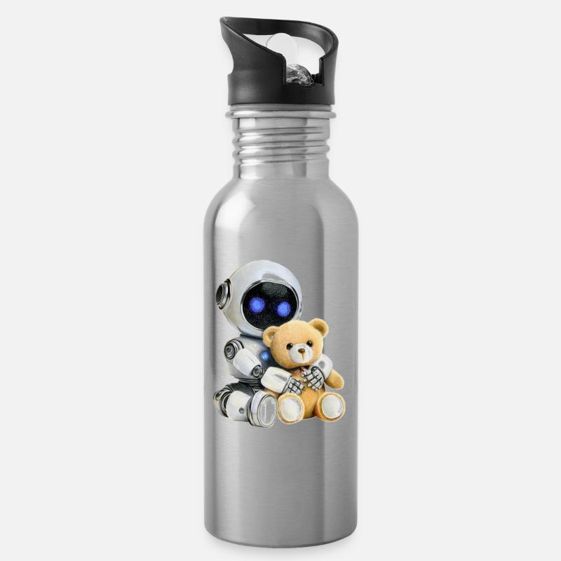 Roboter Teddy - Trinkflasche mit integriertem Trinkhalm - Lightsilver