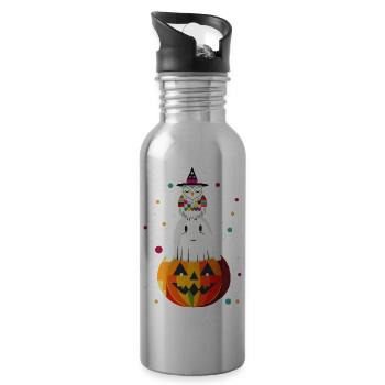 Owl and Ghost on the Pumpkin – Halloween Motif - Water bottle with straw - silver - Right