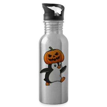 Cute Halloween Penguin with Hat and Pumpkin Cartoon - Water bottle with straw - silver - Right