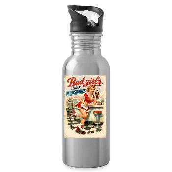 Pin-Up Bad Girls Drink Milkshakes: 50s Diner Style - Water bottle with straw - silver - Right