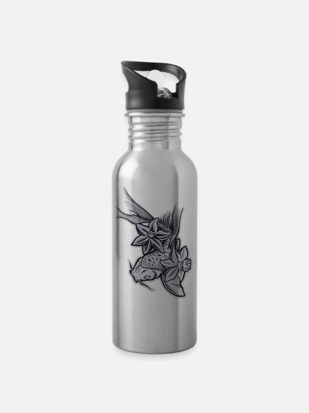 Koi and Flowers Drawing Tattoo Style - Water bottle with straw - silver