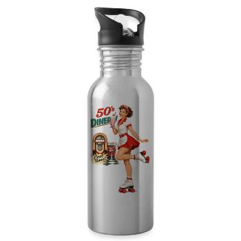 50s Diner Pin-Up: Retro Roller Skate & Milkshake - Water bottle with straw - silver - Right
