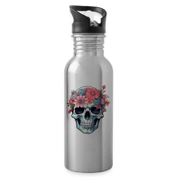 Human Skull & Flowers 16 - Water bottle with straw - silver - Right