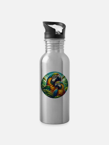 Papageie - Trinkflasche mit integriertem Trinkhalm - Lightsilver