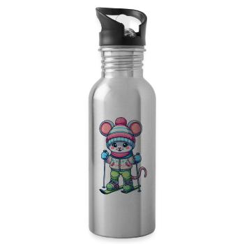Cute Skier Mouse - Water bottle with straw - silver - Right