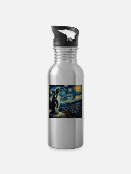 Pinguin Starry Night - Trinkflasche mit integriertem Trinkhalm - Lightsilver