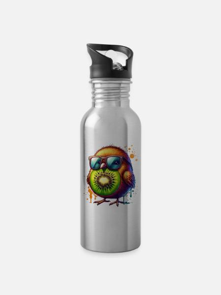 Neuseeland Kiwi - Trinkflasche mit integriertem Trinkhalm - Lightsilver