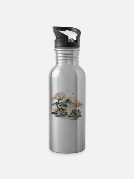 Lac au Japon - Gourde avec paille intégrée - argent clair
