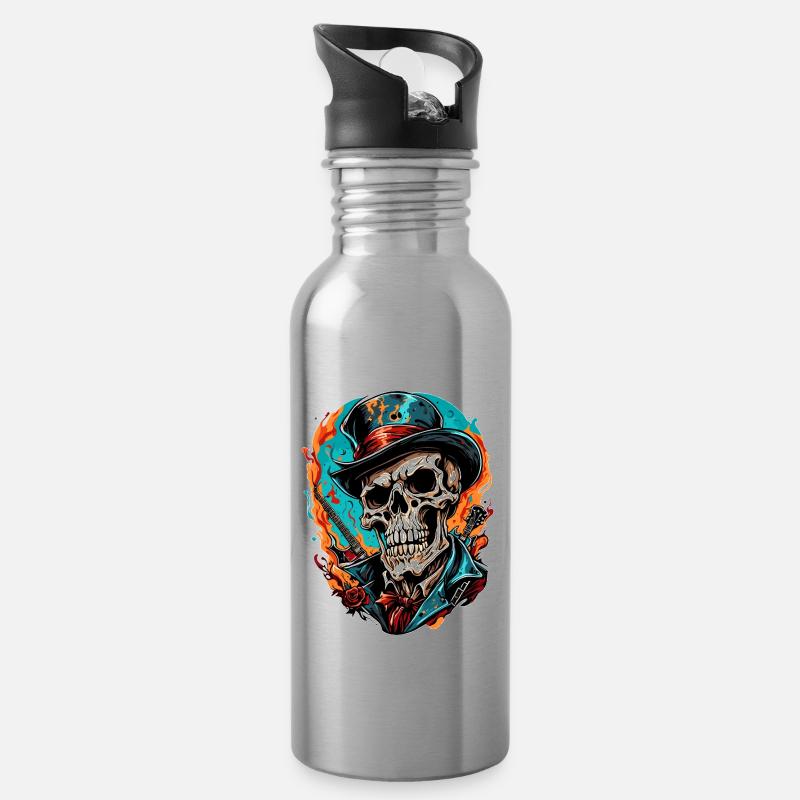 Skull / Skull / Skeleton / Gothic / Tattoo - Water bottle with straw - silver