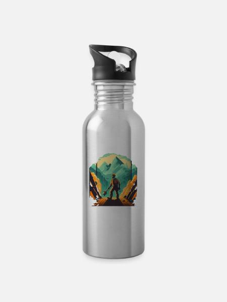 Retro Minenarbeiter mit Schaufel - Trinkflasche mit integriertem Trinkhalm - Lightsilver