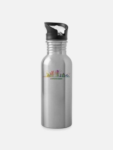 Copenhagen skyline Copenhagen - Water bottle with straw - silver
