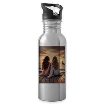 Girlfriends by the sea in sunset - Water bottle with straw - silver - Right