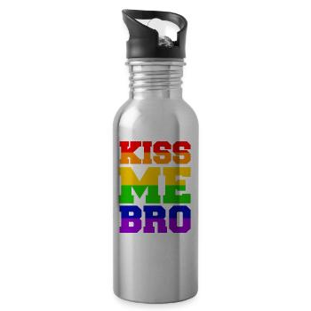 Kiss me Bro LGBT Gay Pride CSD Küssen Regenbogen - Water bottle with straw - silver - Right