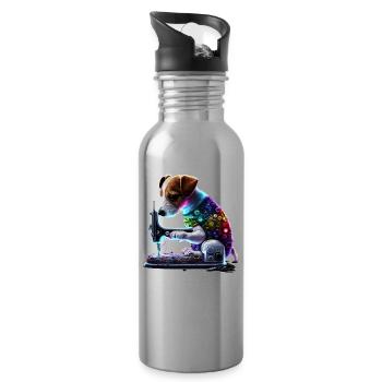 Jack Russel Hund näht mit Nähmaschine - Trinkflasche mit integriertem Trinkhalm - Lightsilver - Rechts