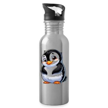 Süßer schüchterner Cartoon Pinguin - Trinkflasche mit integriertem Trinkhalm - Lightsilver - Rechts