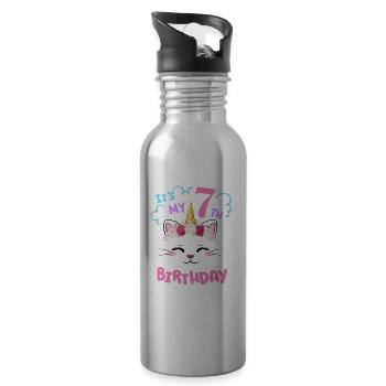 7th Birthday Girl Outfit Unicorn Cat - Water bottle with straw - silver - Right