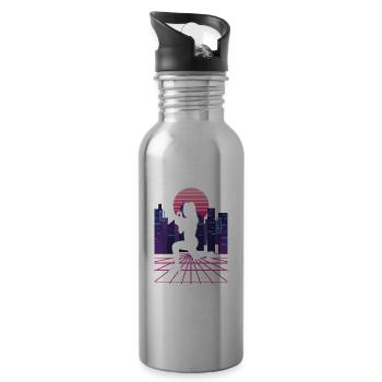 Vaporwave Synthwave Skyline HIIT - Water bottle with straw - silver - Right