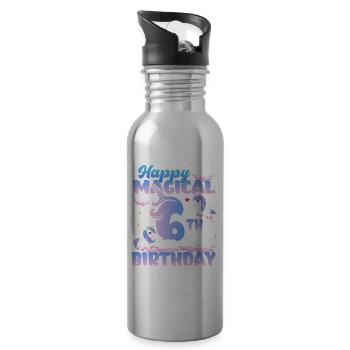 Happy Magical 6th Birthday Unicorn Pony - Water bottle with straw - silver - Right
