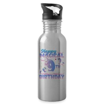 Happy Magical 9th Birthday Unicorn Pony - Water bottle with straw - silver - Right