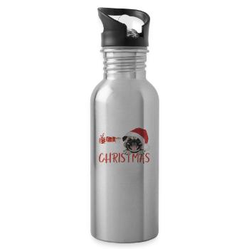 Mops Frohe Weihnachten - Trinkflasche mit integriertem Trinkhalm - Lightsilver - Rechts