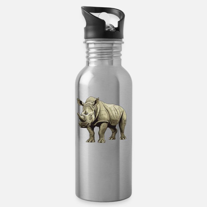 Nashorn Tier - Trinkflasche mit integriertem Trinkhalm - Lightsilver
