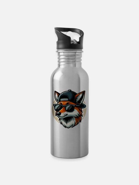 Fuchs mit Sonnenbrille und Cap - Trinkflasche mit integriertem Trinkhalm - Lightsilver