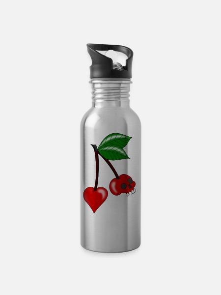 cherry heart skull - Water bottle with straw - silver