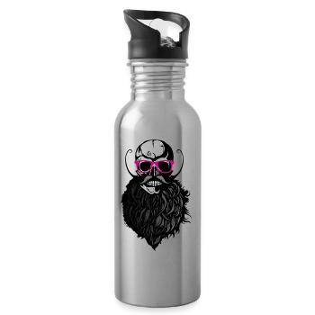 head of death hipster bald crane logo anarchy slu - Water bottle with straw - silver - Right