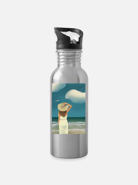Summer beach - Water bottle with straw - silver