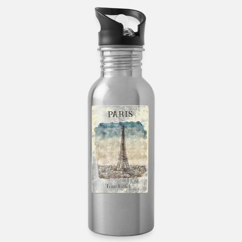 Paris Eifelturm Vintage - Trinkflasche mit integriertem Trinkhalm - Lightsilver