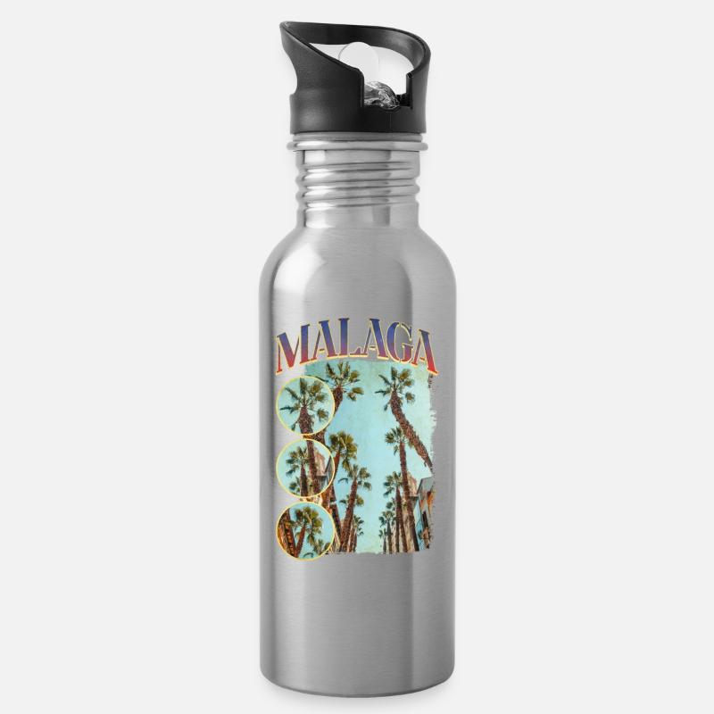 Malaga Spanien Stadt Skyline Sommer Urlaub Palmen - Trinkflasche mit integriertem Trinkhalm - Lightsilver