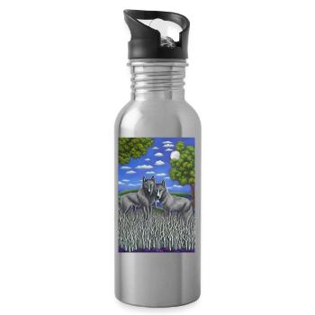 Loups en bois - Gourde avec paille intégrée - argent clair - Droite