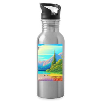 Landscape with lake, boat and mountains - Water bottle with straw - silver - Right
