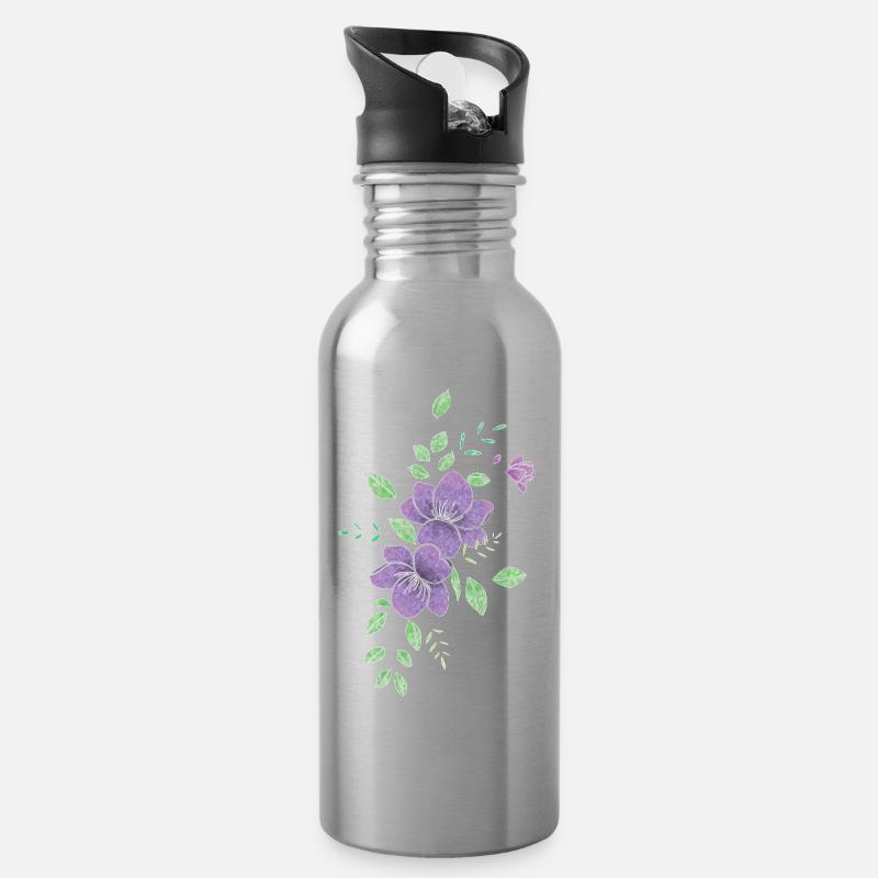 Fleur violette - Gourde avec paille intégrée - argent clair