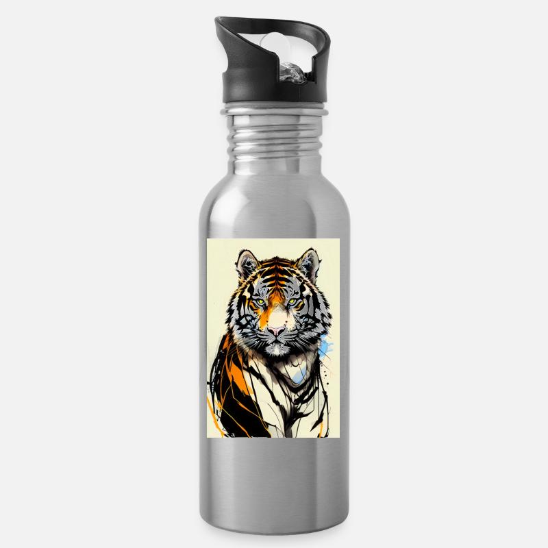 Inkpunk Tiger 1 - Trinkflasche mit integriertem Trinkhalm - Lightsilver