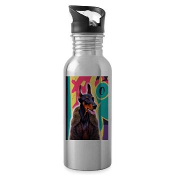 Doberman bossy en manteau de fourrure devant des graffitis - Gourde avec paille intégrée - argent clair - Droite