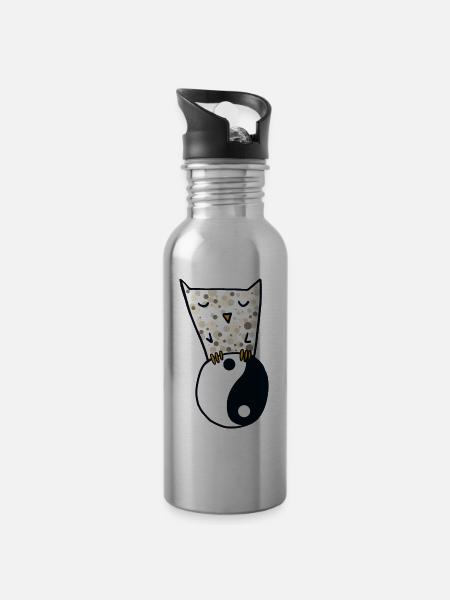 Hibou et yin yang - Gourde avec paille intégrée - argent clair