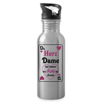Skat Herz Dame Ass im Ärmel Schrift Mau-Mau - Trinkflasche mit integriertem Trinkhalm - Lightsilver - Rechts