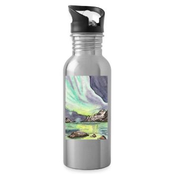 Norwegen Nordlicht Nacht Skandinavien Lofoten - Trinkflasche mit integriertem Trinkhalm - Lightsilver - Rechts
