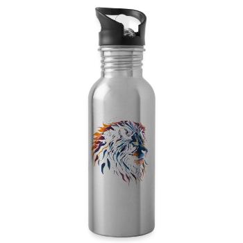 Regal Majesty: Lion Silhouette at Sunset - Water bottle with straw - silver - Right