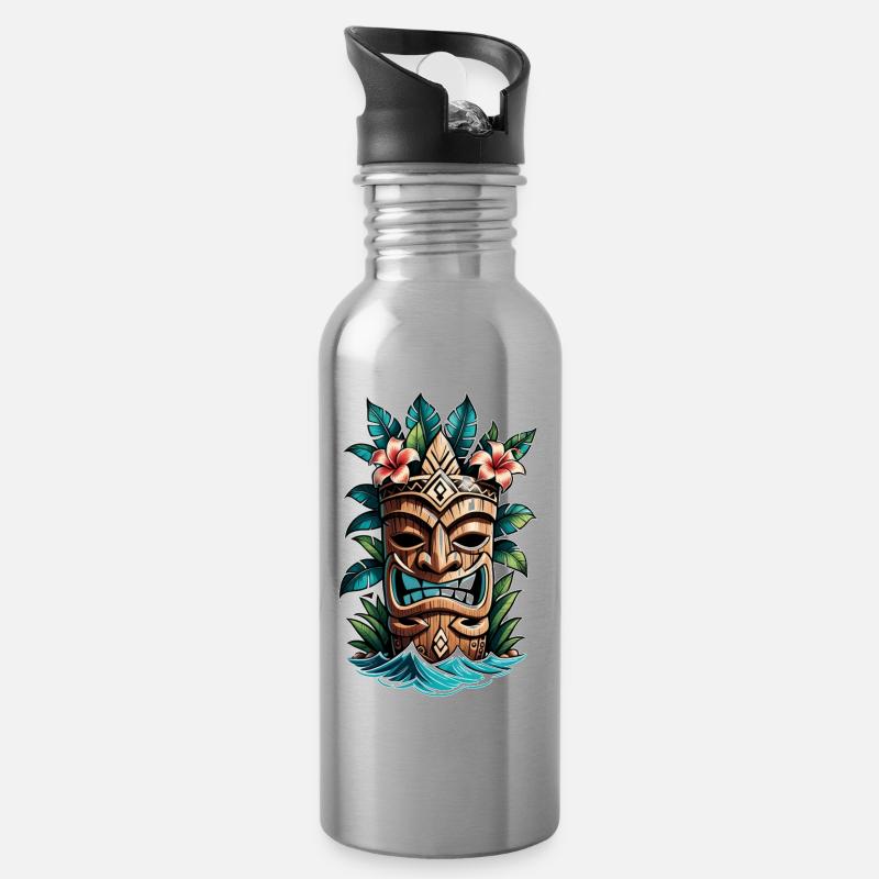 Tiki Beach - Polynesien Statue - Trinkflasche mit integriertem Trinkhalm - Lightsilver