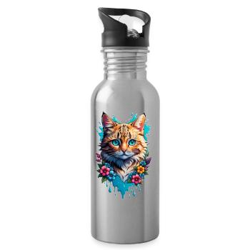 Katze und Blume Aquarell - Trinkflasche mit integriertem Trinkhalm - Lightsilver - Rechts