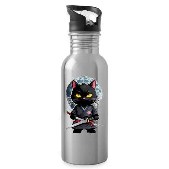 Ninja Katze - Samurai Kätzchen - Trinkflasche mit integriertem Trinkhalm - Lightsilver - Rechts